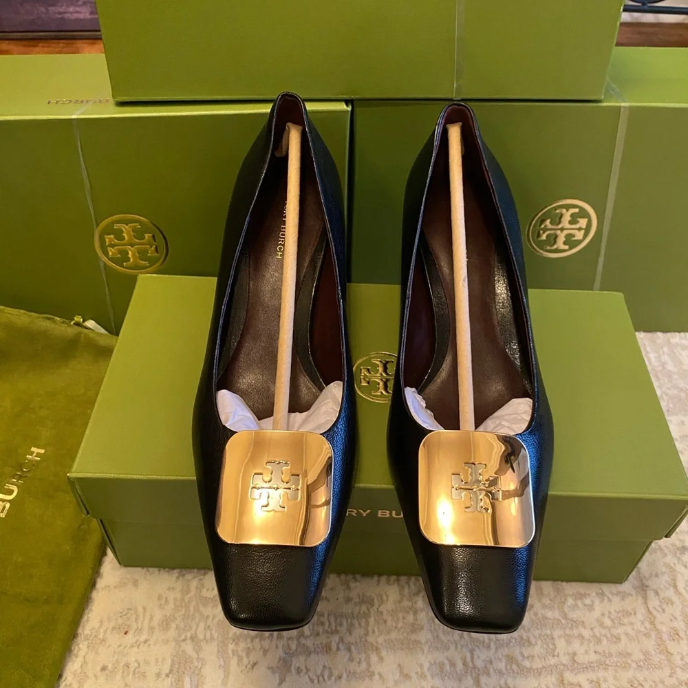 Tory Burch Black Leather Wedge Pumps with Gold Logo Plaque